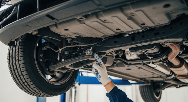 Mechanic inspects car undercarriage in auto shop using safety glove
