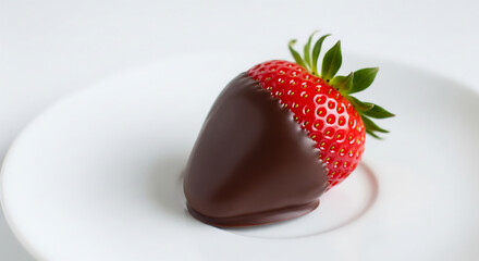 A fresh ripe strawberry dipped in dark chocolate on a white plate isolated on white background