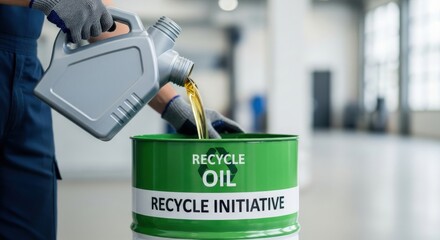 Recycling initiative: pouring oil into green container indoors