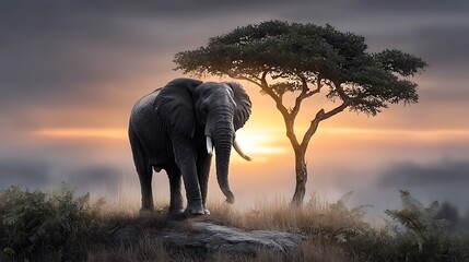Fototapeta premium A dark silhouette of an elephant beneath a lone tree, eating leaves as the sky burns with sunset light.