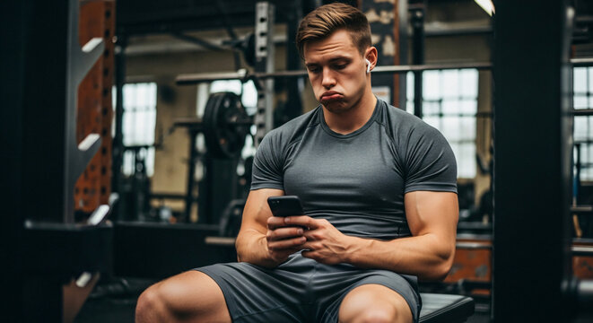 Athlete Mid Training, Clearly Disengaged, Looking at Their Phone Instead of Performing Reps