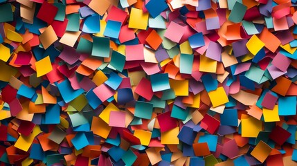 a mesmerizing close-up of multicolored confetti squares layered in a random yet balanced arrangement, displaying an intricate mix of bright, saturated colors, sharp geometric edges, and a rich