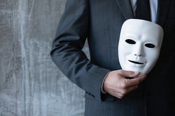 Businessman in suit holding white mask, hidden identity, deception, corporate fraud and disguise concept.