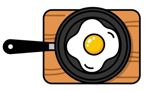 A sunnyside up egg sits in a frying pan placed on a wooden board
