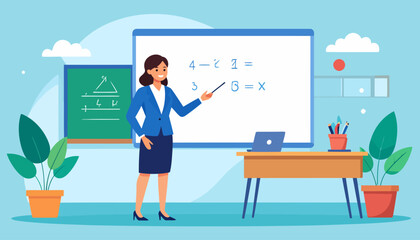 Friendly female educator in a blue suit holding a pointer, explaining a lesson on a whiteboard.