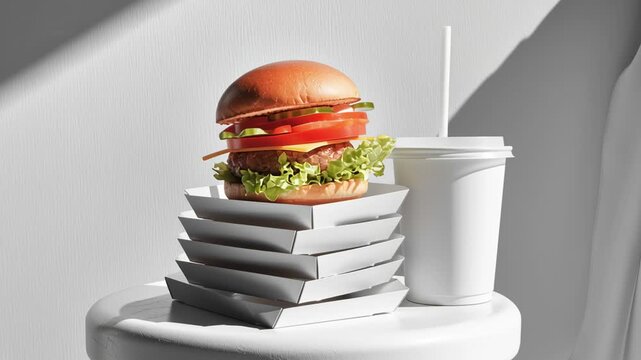 A white stool with a hamburger and a cup of soda on it. The hamburger is topped with lettuce and tomato