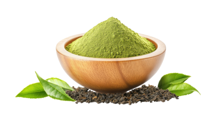 Wooden Bowl Filled with Green Tea Powder for Traditional Brewing Isolated on White Background