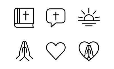 Minimalist christian symbols set with bible, prayer, and heart icons