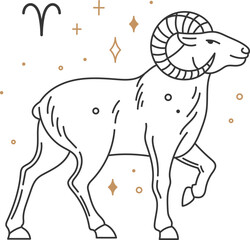 Minimalist line art illustration of a ram, symbolizing the Aries zodiac sign, gracefully walking amidst a starry background, capturing the essence of astrology and celestial themes