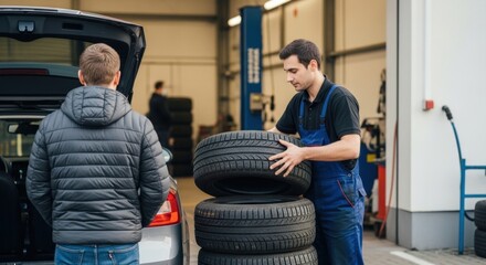 Young caucasian male mechanic assisting customer with car tires in auto repair shop