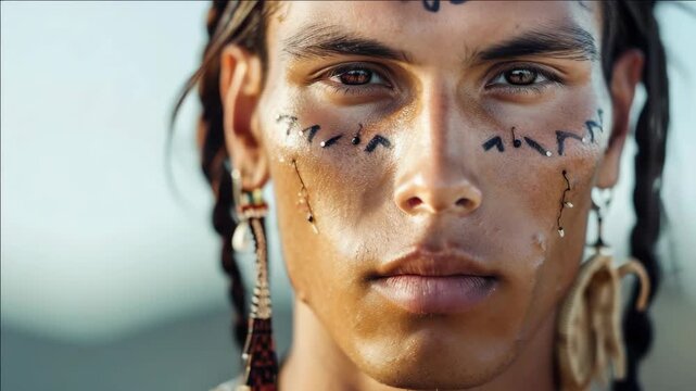 Man with traditional tribal tattoos on his face, wearing an earring. He has dark brown skin and his gaze is directed straight at the camera.