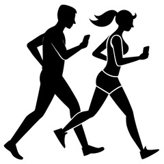 People running while looking at phones silhouette vector illustration