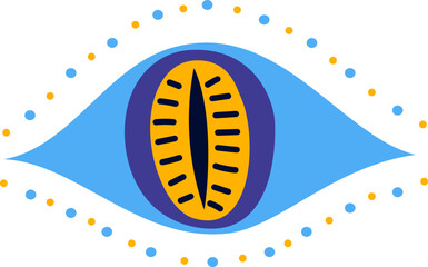 Colorful stylized eye with orange and purple iris and pupil looking up, surrounded by small colorful dots over white background, ideal for occult, esoteric, magic, witchcraft, spiritual themes