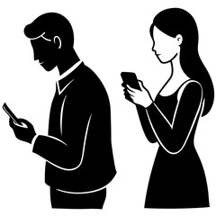People using mobile phone device silhouette vector illustration