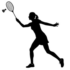 Woman playing badminton sport game silhouette vector illustration