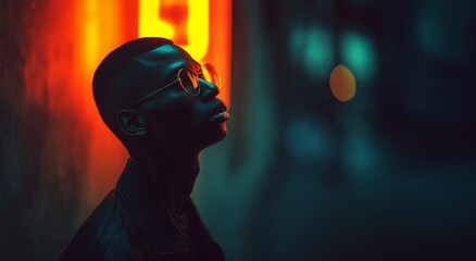 Silhouette of a man in glasses, illuminated by vibrant neon lights, creating a moody and futuristic atmosphere.