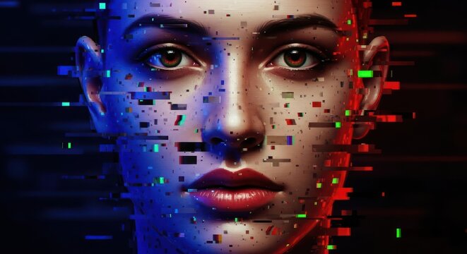 Woman's face with digital glitch effect and vibrant colors