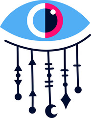Colorful eye with black pupil, white iris and blue sclera with hanging geometric figures like arrows, lines, circles and moon crescent, creating a mystical and esoteric atmosphere