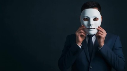 Businessman in tailored suit covering face with white mask, revealing hidden psychological stress against shadowy backdrop symbolizing professional emotional concealment