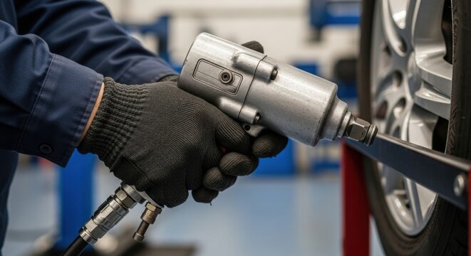 Mechanic using impact wrench on car wheel in auto garage