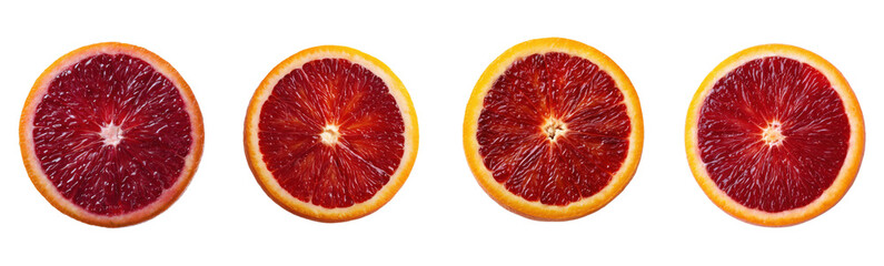 Four blood orange halves are displayed in a row. Citrus fruit, healthy eating, vibrant, fresh, juicy, vitamins, food