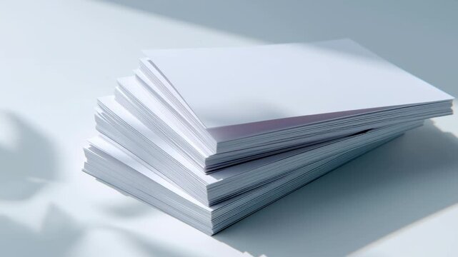 A stack of white paper is piled on top of another stack. The paper is white and he is of a standard size. Concept of organization and order, as the paper is neatly stacked and arranged