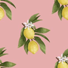 Seamless pattern colorful illustration of lemon branches with fresh yellow lemons and green leaves. A  pink background, vibrant botanical composition perfect for kitchen prints