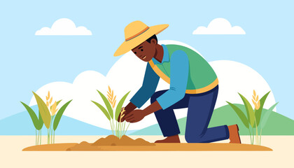 Smiling Black farmer in a yellow hat and green vest kneeling to plant a seedling.