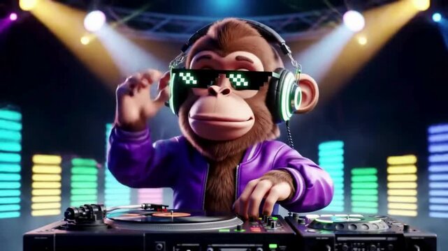 A cool monkey DJ mixes music wearing sunglasses and headphones, illuminated by stage lights.