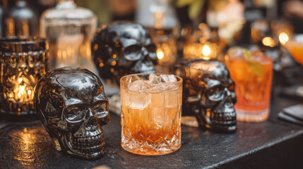 Spooky Halloween cocktail party with glowing drink and skull decoration on bar