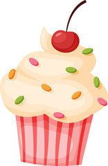 Creamy vanilla cupcake topped with vibrant sprinkles and a fresh cherry, embodying a delightful sense of sweetness and indulgence, perfect for celebrations and special occasions