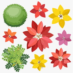 Obraz premium A Collection of Diverse Top-Down View Stylized Illustrations of Plants and Trees in Vibrant Colors on a White Background