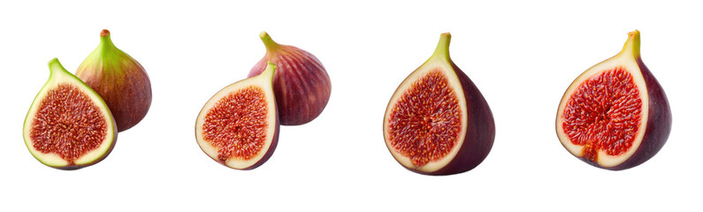 Sliced figs on white background, food art. Fresh fruit still life, healthy eating, vibrant color, antioxidant, sweet taste, raw ingredient, vegetarian diet.
