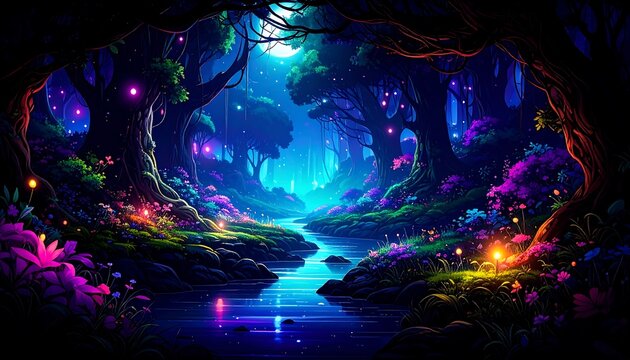 Enchanting nocturnal forest scene
