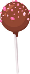 Delicious chocolate cake pop dipped in chocolate and covered with pink sprinkles on a white stick, creating a sweet treat for dessert or snack time