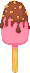 Delicious pink ice cream, generously coated in melting chocolate and sprinkled with crunchy nut pieces, creating a refreshing and indulgent summer dessert on a wooden stick