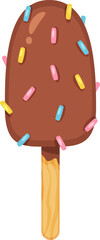 Delicious chocolate ice cream bar on a wooden stick, generously coated in colorful sprinkles, creating a festive treat, isolated against a clean white background