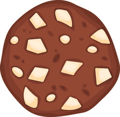 Single freshly baked chocolate chip cookie with irregular white chocolate chunks isolated on white background represents sweet temptation and delightful indulgence