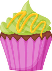 Pistachio cream cupcake with a chocolate topping and yellow drizzle, boasting a vibrant pink wrapper, presents a delectable treat perfect for satisfying sweet cravings