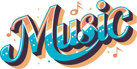 Vibrant retro style music word art with musical notes Art & Illustration