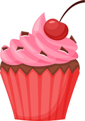 Delightful pink cupcake topped with rich chocolate chips and a bright cherry, offering a tempting and indulgent dessert perfect for celebrations and sweet moments