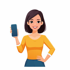 Naklejka premium Cheerful young woman in yellow top and blue skirt holding a smartphone and gesturing confidently with hand on hip