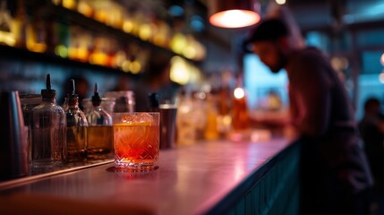 A vibrant red cocktail sits on a brightly patterned bar counter, with a blurred bartender and bottles in the background.