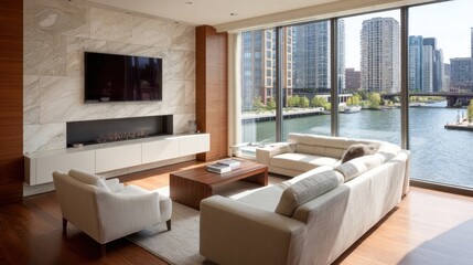 Fototapeta premium Modern, spacious living room with city views