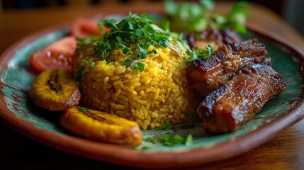 Puerto Rican food plate with rice, plantains, and meat. Concept of Latin cuisine.
