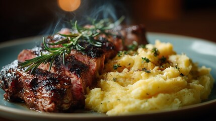 A deliciously grilled steak garnished with rosemary, served with creamy mashed potatoes, presented on a rustic plate.