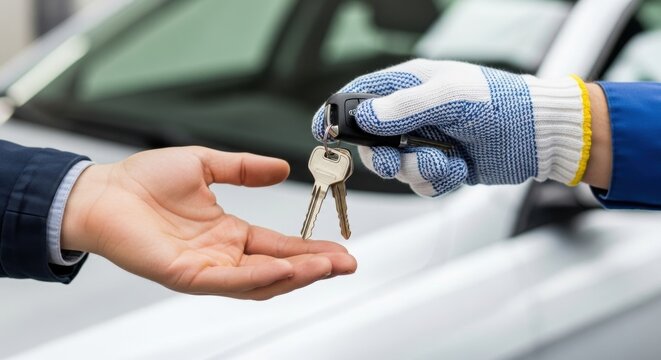 Caucasian male receiving car keys from mechanic with gloves in auto repair shop