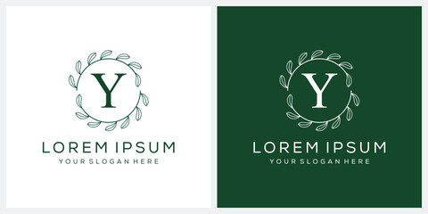 Initial letter Y cosmetic spa and fashion logo design, serif font symbol icon, green leaf organic graphic vector