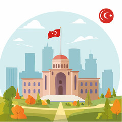 Illustration of the Turkish flag flying proudly over a grand building with a cityscape and park in the background