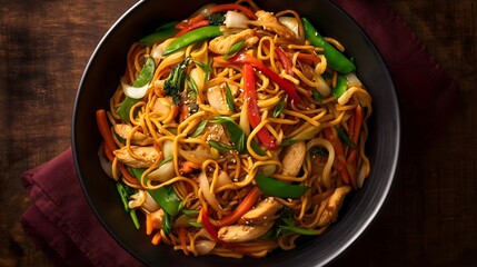 Chicken chow mein with noodles and vegetables. Concept of Chinese takeout dish.
